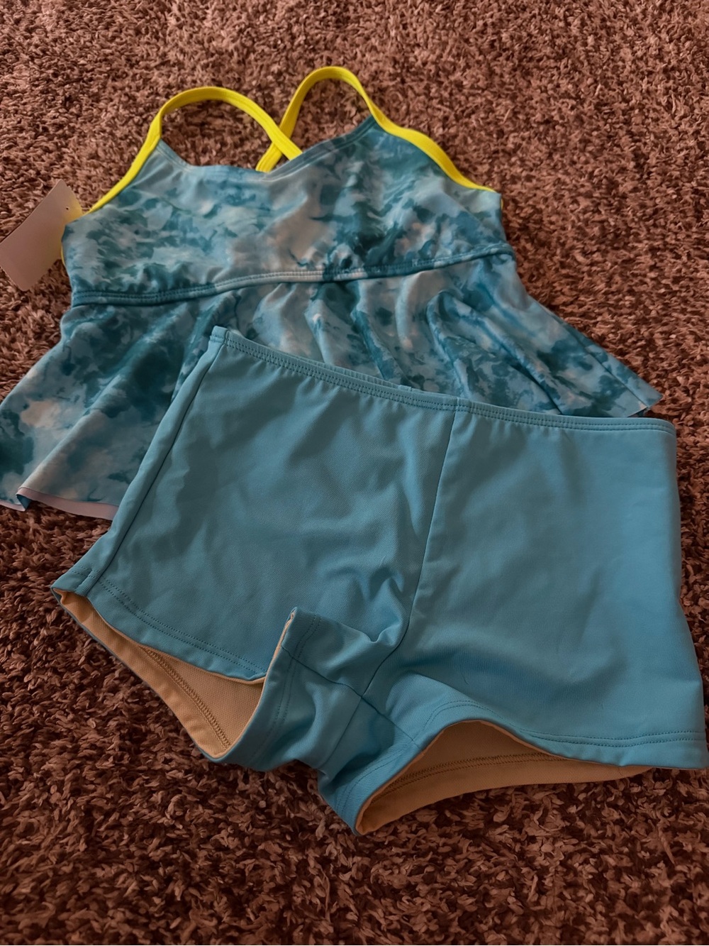 Lands End Blue Two-Piece Athletic Tankini with Neon Yellow Straps